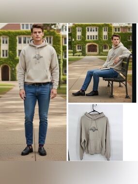 Cotton On box fit hoodie with blank cheque graphic on tan background size Large